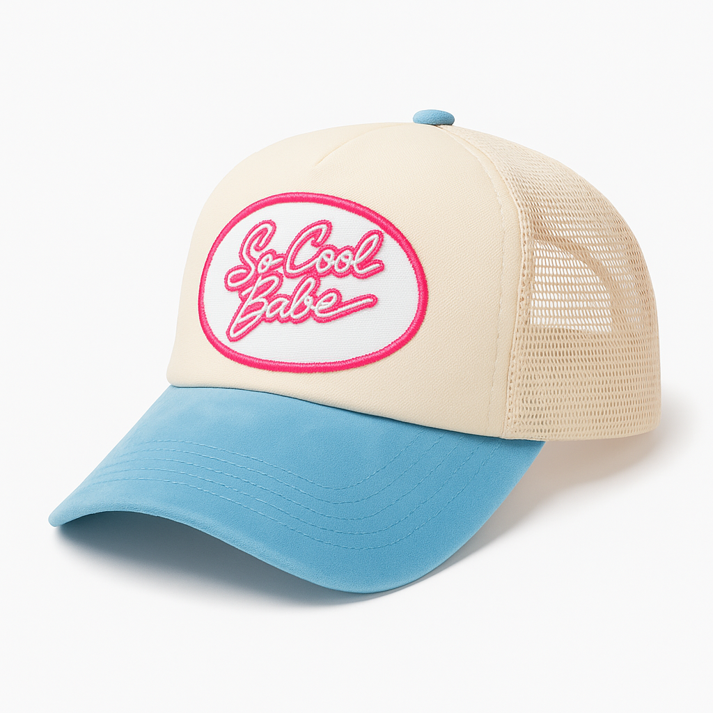 "So Cool Babe" Hat (White, and Blue, with Pink)