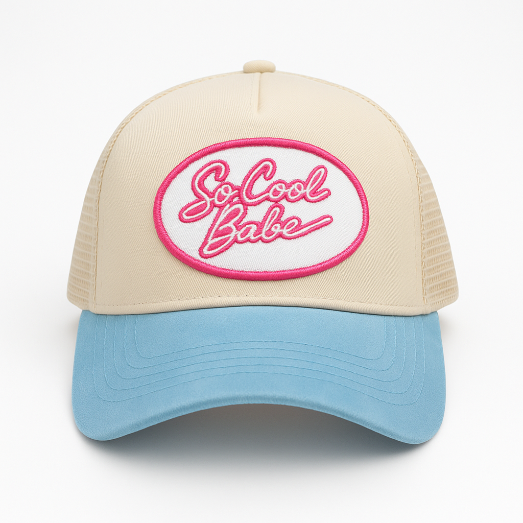 "So Cool Babe" Hat (White, and Blue, with Pink)